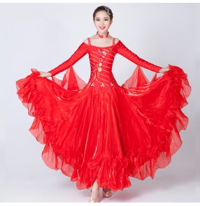 Yellow red royal blue rhinestones women's ladies female dew shoulder long sleeves competition performance long length ballroom tango waltz dance dresses 